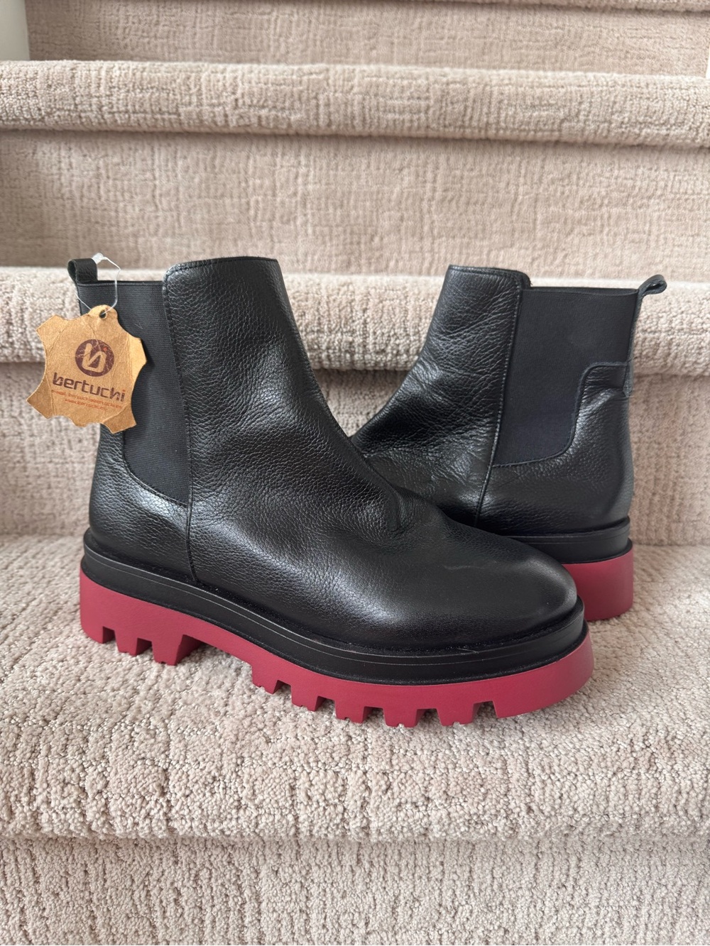 Bertuchi Black Leather Ankle Boots with Red Lug Sole - NWT